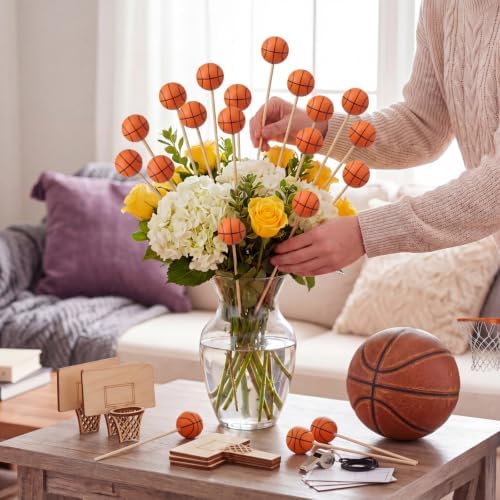 Soulchen 24 Pcs Basketball Centerpiece Sticks Set 1.57inches Basketball Balls with 7.87inches Sticks for Basketballs Themed Party Decorations Sports Banquet Table Centerpieces Team Event Decor