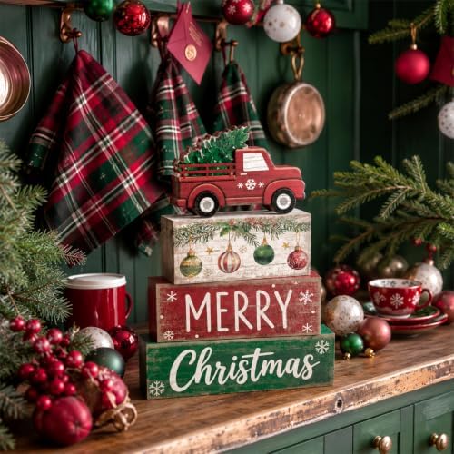 Lineshading 4 Pcs Christmas Table Decor, Red Truck Tree Block Sign Home