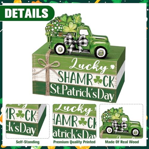 Geelin 4 Pcs St. Patrick's Day Table Decorations Wooden Shamrocks Rustic Tiered Tray Decor with Green Truck, Irish Farmhouse Shelf Centerpiece for Home Kitchen Living Room Holiday Decoration