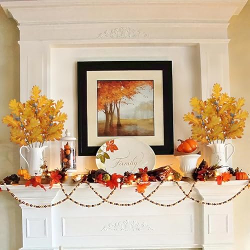 GnFlus 5 Pcs Artificial Fall Oak Leaves Stems 19.6” Fake Autumn Foliage Branches for Home Kitchen Farmhouse Vase Thanksgiving Table Centerpieces Party Halloween Decor Yellow