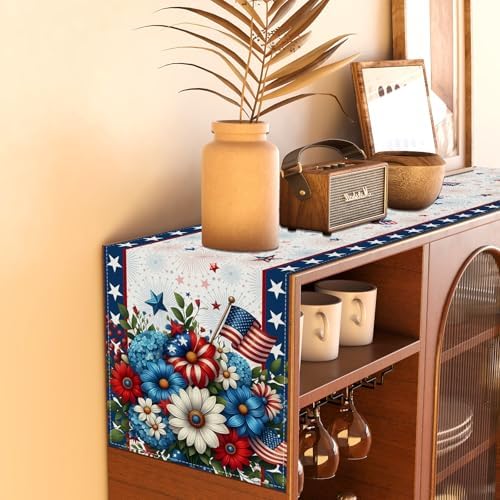 Memorial Day Patriotic 4th of July Table Runner,Red White and Blue Flowers Table Decor Veterans Day Independence Day Decorations and Supplies for Home Kitchen Table-13×108''