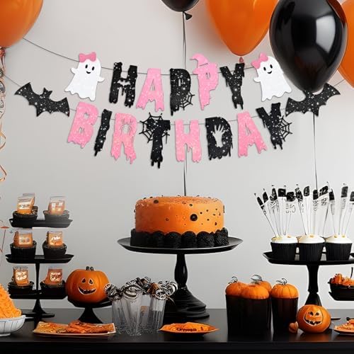 Pink Halloween Happy Birthday Banner – Cute Ghost and Bat Design with Glitter Letters and Spider Web Accents – Girly Halloween Party Decoration for Kids or Spooky Birthday Celebrations
