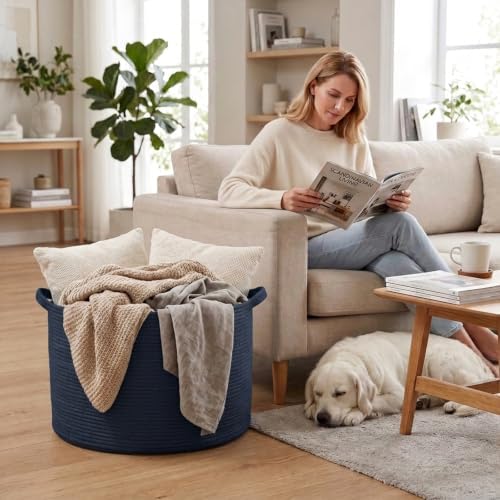 115L Extra Large Woven Cotton Rope Laundry Basket-Navy Blue