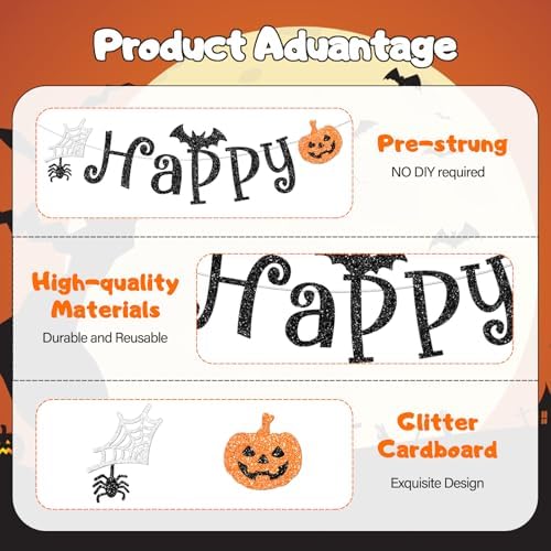 Black Halloween Happy Birthday Banner, Sparkly Glittery Pumpkin Spider and Bat Banners Halloween Birthday Party Decorations Supplies for Adults, No Diy.
