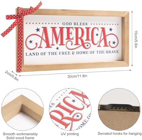 4th of July Patriotic Wall Decor, Wooden God Bless America Land of the Free Home of the Brave Sign, 250th Anniversary Independence Day Memorial Day Indoor Table Shelf Office Home Decorations