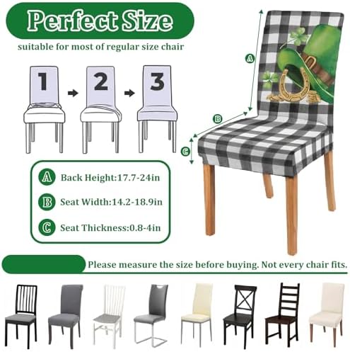 St Patricks Day Chair Covers Set of 6 Shamrock Gnome Dining Chair Seat Cover Stretch Removable Green Chair Slipcover Protector for St Patrick's Dining Room Kitchen Home Decor