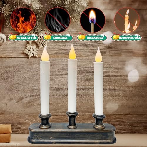 GOOTHY Battery-Operated LED Window Candles with Sensor Dusk to Dawn, 3 Lights Christmas Window Candles with Flickering Flameless LED Lights, 9'' Flameless Taper Candle for Table Home Christmas Decor