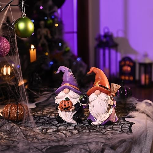 Valery Madelyn Gnomes Halloween Decorations Indoor, 2 Pcs Resin Gnome Decor for Home with Witch Hat Broom Jack O Lantern Moon, Halloween Figurines Elf Dwarf for Table Tiered Tray Outdoor, 6.3"