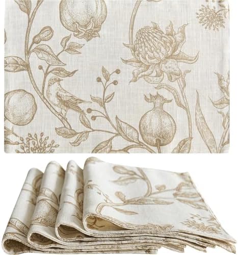 JINCHAN Linen Placemats Set of 4 Farmhouse Botanical Print 13x19 Inch Tan | Fabric Placemats, Cottage Style, Botanical