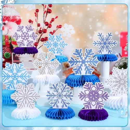 12 PCS Snowflake Honeycomb Centerpieces for Tables Frozen Birthday Party Decorations Snowflake Table Centerpieces Winter Wonderland Party Decorations for Christmas Holiday Baby Shower Supplies