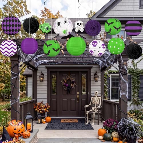 ‎Renbuzhu 15PCS Halloween Decorations Paper Lanterns Green Purple Set