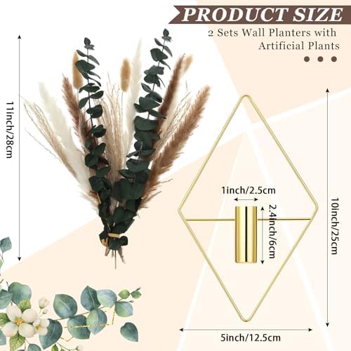 Jexine 2 Pcs Hanging Artificial Planters Wall Decor, Golden, Pampas