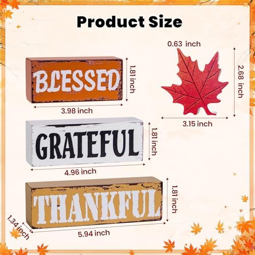 OLANRUN Thanksgiving Fall Decorations for Home, 4 PCS Wooden Fall Table Decor with Letter, Handmade Crafts Autumn Thanksgiving Decor Indoor for Office Farmhouse Home Bedroom Kitchen Mantel Tiered Tray