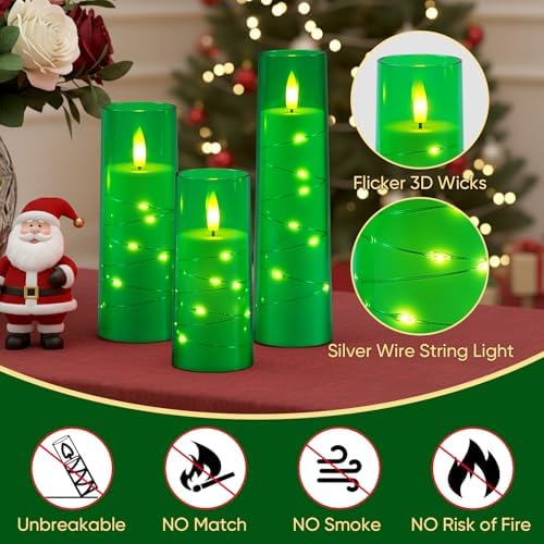 Raycare Flameless Battery Operated Pillar Candles with Remote Timer, Green