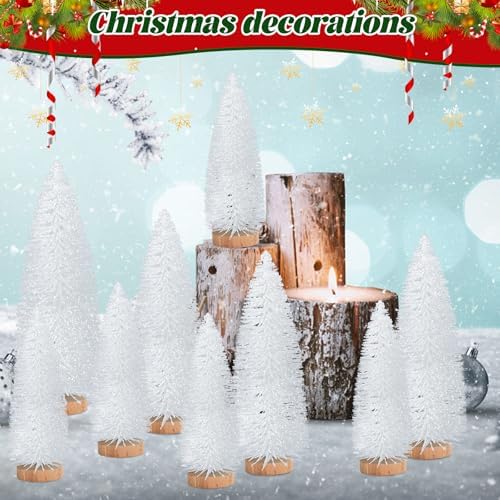 9 Pcs Mini Christmas Tree, Tabletop Christmas Tree with Wooden Bases Artificial Mini Tree with 3 Sizes Christmas Table Decor Bottle Brush Trees for Christmas Decorations (White Glitter)