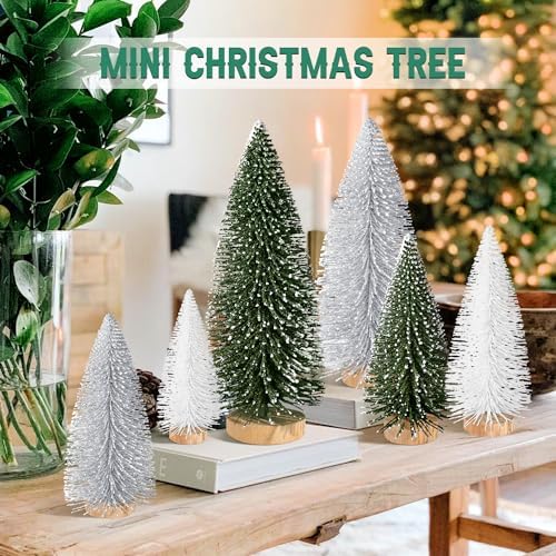 6pcs Mini Christmas Trees Christmas Decor, Artificial Christmas Mini Bottle Brush Trees Tabletop, Christmas Decoration Trees with 4 Size Xmas Holiday Decor (6pcs Green+Silver+White)