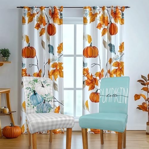 4 Pcs Fall Chair Covers for Dining Room, Thanksgiving Stretch Removable Dining Chair Cover Set of 4, Autumn Blue Pumpkin Chair Slipcovers Seat Protector for Fall Restaurant Decor