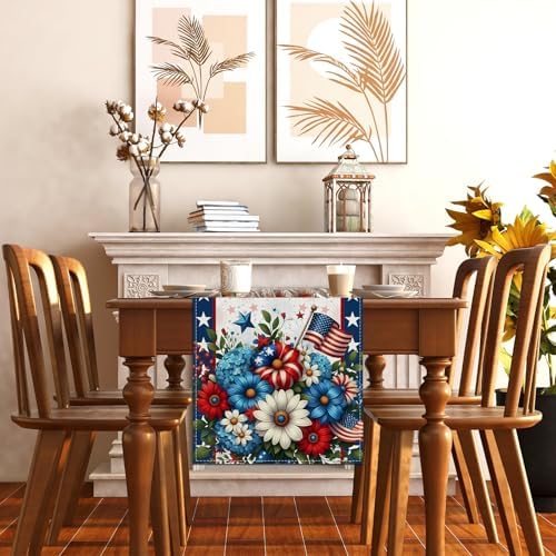 Memorial Day Patriotic 4th of July Table Runner,Red White and Blue Flowers Table Decor Veterans Day Independence Day Decorations and Supplies for Home Kitchen Table-13×108''