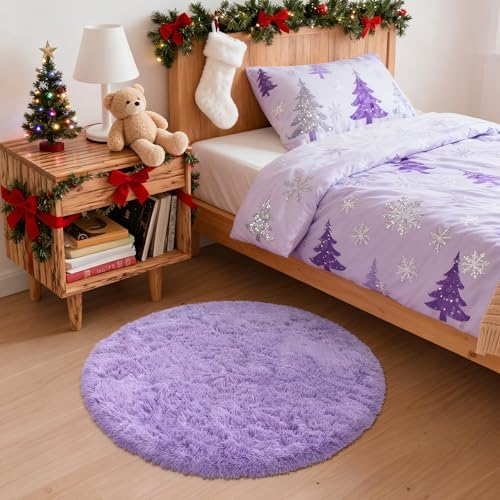 OLANLY Light Purple Round Rugs for Bedroom - Machine Washable, 2 ft Circle Area Rugs for Living Room, Soft and Fluffy