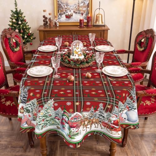 Red Oval Christmas Plaid Tablecloth 60 x 102 Inch, Waterproof Machine Washable Fabric Polyester Christmas Table Cloths Oval Snowman Xmas Holiday Tablecloth for Kitchen Dining Party