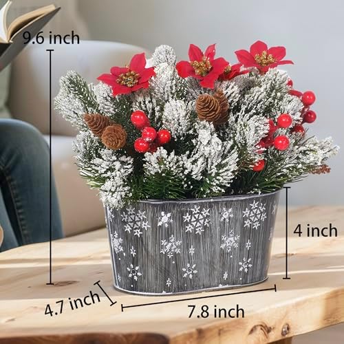 Christmas Centerpiece Table Decorations, Artificial Norfolk Pine with Poinsettia Flowers, Pine Cones & Berries in Metal Planter, Dining Table & Coffee Table Centerpiece for Christmas Décor, 1-Pack