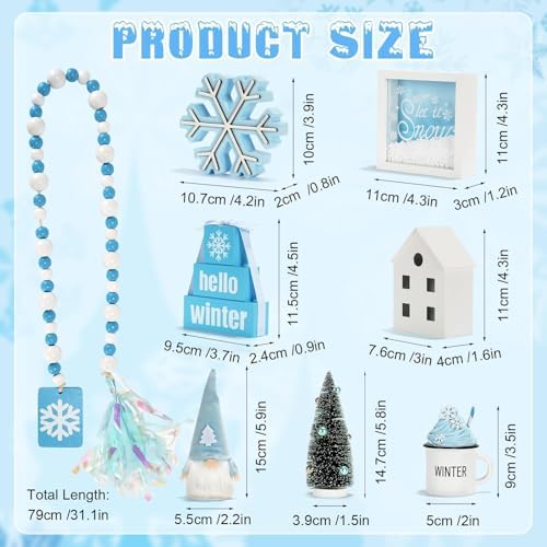 Winter Decoration for Home Office 8 PCS Blue Winter Tiered Tray Decor Set