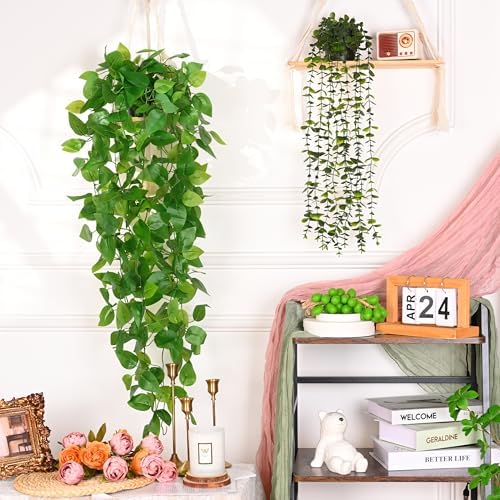 Waipfaru 2Pcs Fake Hanging Plants with Pot, Potted Faux Eucalyptus
