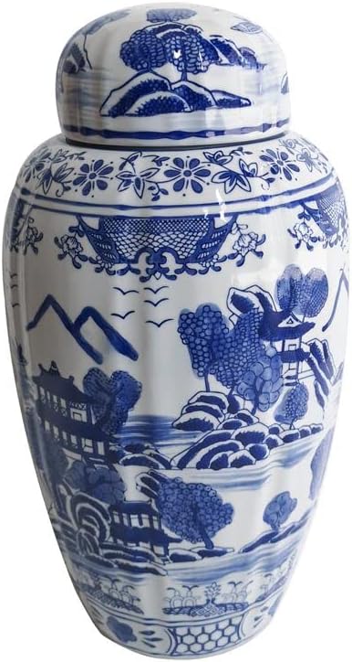 16" and White Urn Style Ceramic Porcelain Ginger Jar Temple Landscape Design Home Decor / Blue