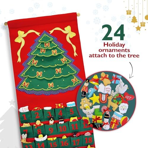 Pockets of Learning Green Christmas Tree Advent Calendar | Interactive Christmas Holiday Décor Embroidered Seasonal Soft Fabric Wall Hanging Countdown