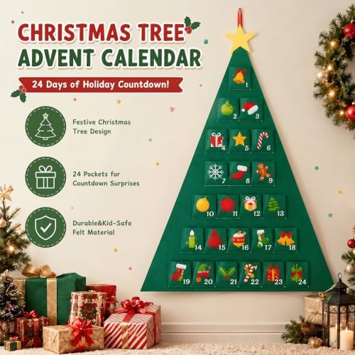 Irenare Christmas Tree Advent Calendar with 24 Pockets, 39.4 x 27.6 Inch