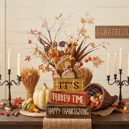 Moucuny 4 Pcs Thanksgiving Table Decorations Wooden Turkey Tiered Tray
