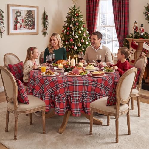 Softalker Christmas Ruffle Plaid Round Tablecloth, Red, 70" x 70"