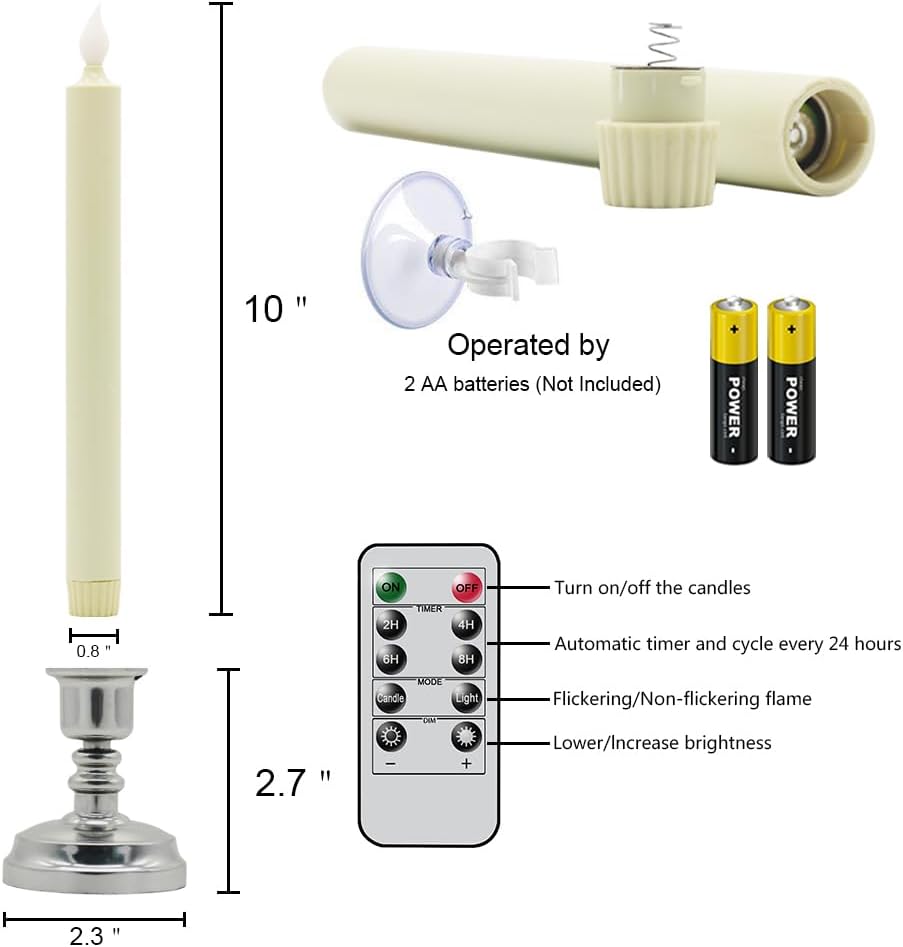 6 Pack Flameless Window Candles Battery Operated with Remote Timer | LED Taper Candle with Silver Holders, Suction Cups