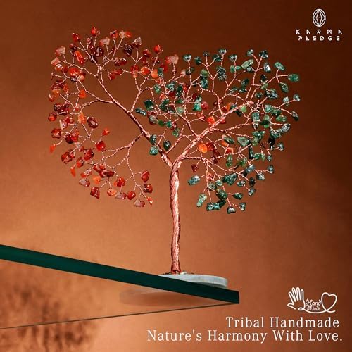 Handmade Healing Crystal Tree of Life Green Avneturine and Carnelian Chakra Tree for Money, Good Luck, Feng Shui Home