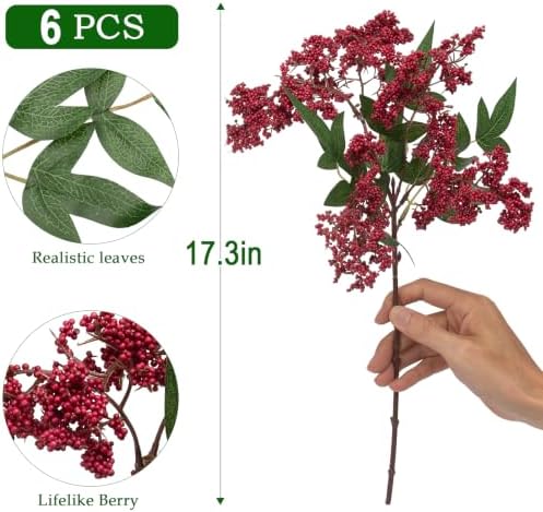 Daynight 6 Pcs Artificial Berry Stem for Vase, 17 in Faux Nandina Branches Fall Floral Picks Fake Realistic Berry Spray for Wedding Autumn Farmhouse Home Decor (6, RED, 17Inch)
