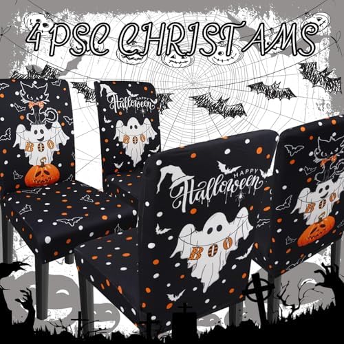 Halloween Chair Covers Set of 4 Ghost Dining Chair Covers for Party Kitchen Removable Seat Cover for Chairs Halloween Decorations Indoor
