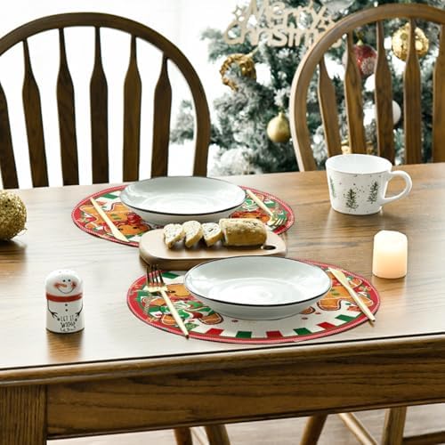 Artoid Mode Gingerbread Candy Cane Merry Christmas Round Placemats Set of 4, 14 Inch Winter Round Table Mats for Dining Decoration
