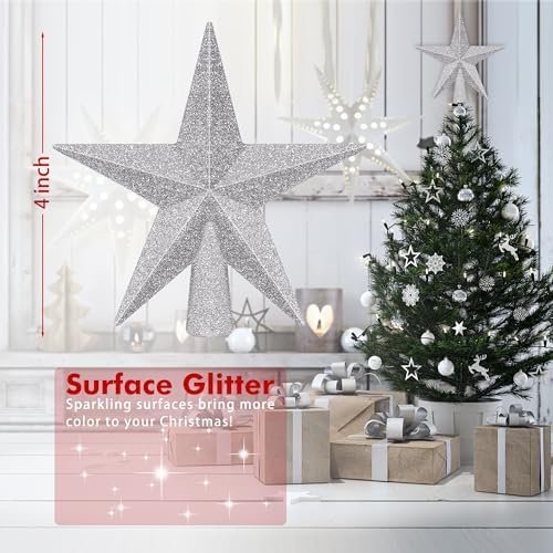 1PCS Tree Topper, 4" Silver Star Christmas Tree Topper Xmas Tree Decoration