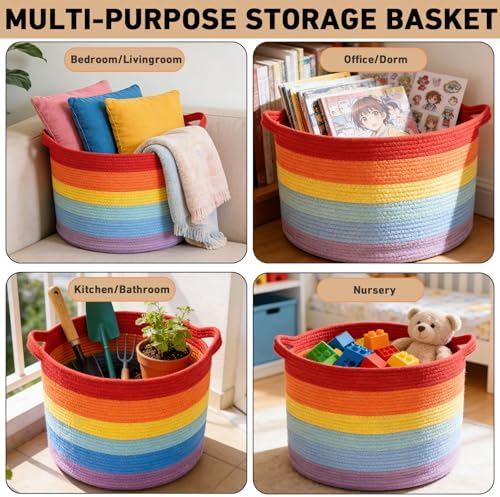 65L Large Blanket Basket,Rope Woven Laundry Basket-Rainbow