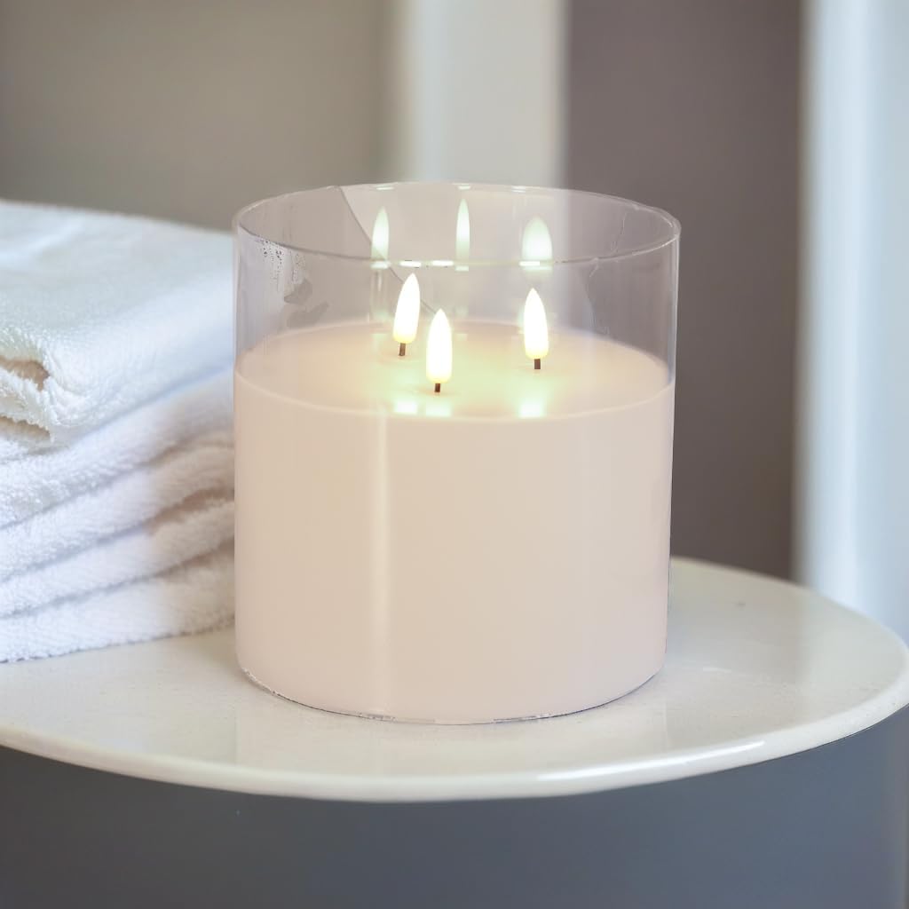 NICEME Extra Large 3 Wick Battery Operated Candle, 6"x6" Big Clear Glass Flameless Candles with Remote, Real Wax