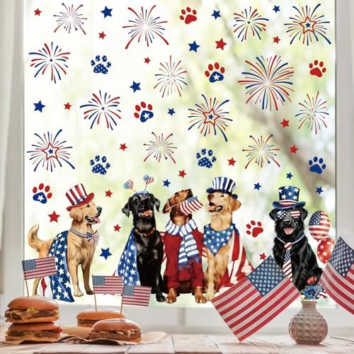 JarThenaAMCS 2 Sheet Patriotic Dog Window Clings Window Decal 4th of July Star Firework Dog Reusable Anti-Collision Windows Decor for 250th Anniversary Independence Day Memorial Day Party Supplies