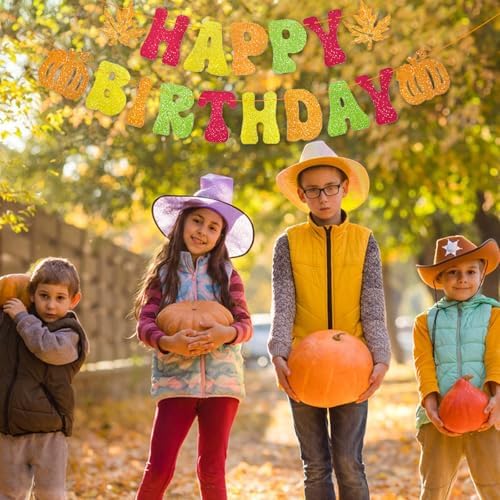 Thanksgiving Glitter Happy Birthday Banner - Autumn Fall Theme Hanging Paper Garland Bunting Banner with Pumpkin and Maple Leaf Decorations, Photo Backdrop for Wall Home Mantle Office Party Supplies