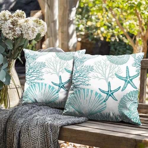 Nautical Coastal Blue Throw Pillow Covers 20x20 Set of 2 Summer Turquoise Teal Beach Outdoor Pillow Cover Coral Seashell Starfish Ocean Decorative Pillow Cases for Living Room Couch Sofa