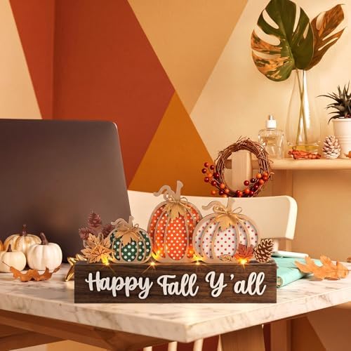 Patelai Fall Pumpkin Decor with LED Lights Orange Pumpkin Table Block Sign Lighted Fall Tiered Tray Decorations Wooden Thanksgiving Table Centerpiece Decor for Farmhouse Harvest Party Home Shelf