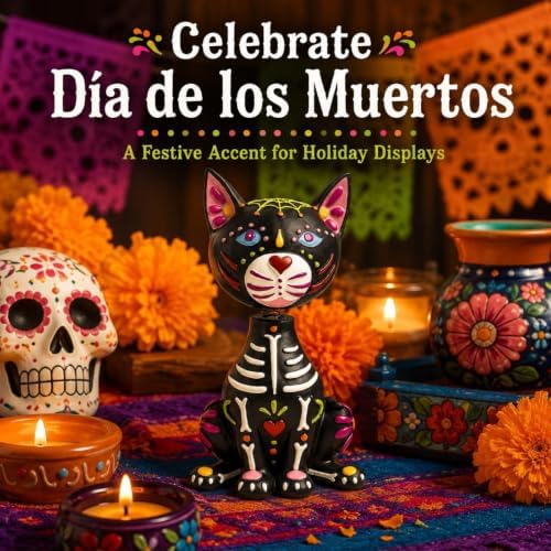 Day of The Dead Cat Figurines, Pet Ofrenda Decorations for Altar