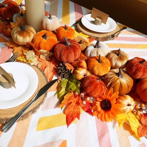 Winlyn Set of 16 Assorted Farmhouse Fall Artificial Velvet Pumpkins Rust Orange Champagne Gold Decorative Fabric Foam Pumpkins for Autumn Home Wedding Thanksgiving Halloween Harvest Table Centerpiece