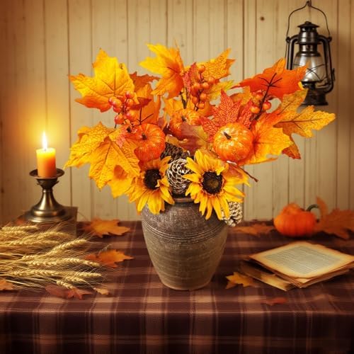 Fall Flowers Artificial for Decoration,16.9 In Fall Floral Stems Picks with Pumpkin Pinecone Sunflower Berry Maple Leaf Stem for Autumn Harvest Thankgiving Home Table Centerpiece Floral Arrangements