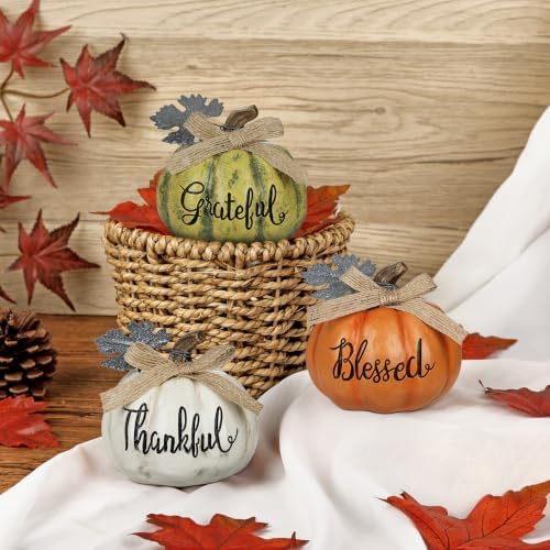 DILATATA Fall Pumpkins Decoration 3Pcs Resin Pumpkins Thanksgiving Fake Pumpkin Figurines Mini Carved Pumpkin for Home Harvest Halloween Thanksgiving Rustic Farmhouse Table Centerpiece Shelf Mantel