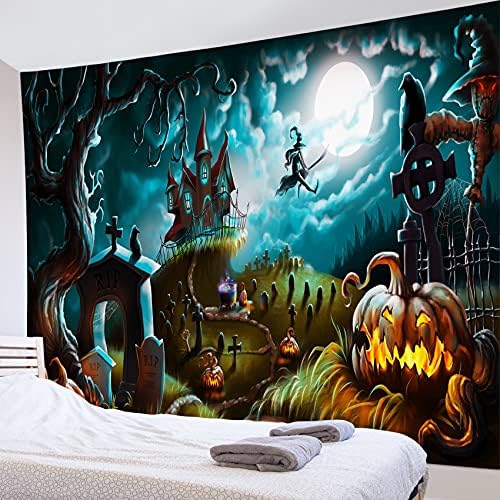 HVEST Halloween Pumpkin Graveyard Tapestry Terror Pumpkin Jack-O-Lantern Wall Decor Witch on Broom Run to Moon Tapestry Night Sky Castle Wall Art for Bedroom Home Dorm Halloween Decor 59Wx51H inches