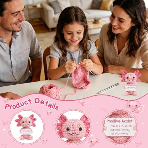 Pink Positive Crochet Axolotl Gift - Handmade Knitted Axolotl Plush with Gift Box Card for Girl, Women, Friends, Coworker, Emotional Support Crochet Animals Gifts for Birthday Graduation Desk Decor